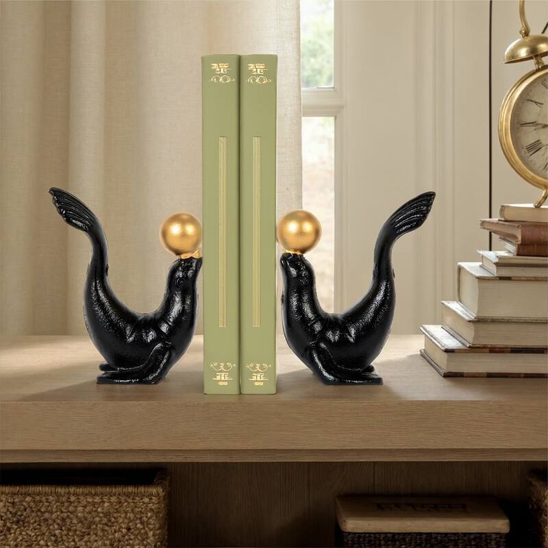 Cast Iron Seal Bookends (Set of 2 Pieces) - 9.0"L x 2.88"W x 5.13"H - Black: Gold