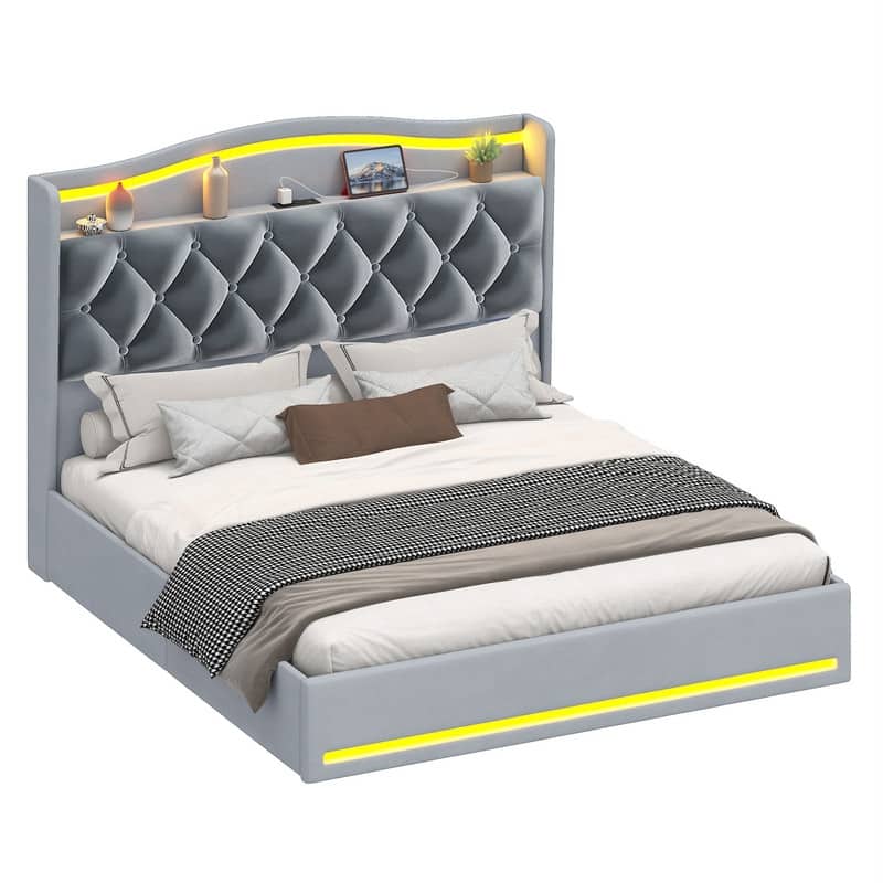 Moasis Queen Size Velvet Upholstered Bed Frame with 4 Storage Drawers & RGB Lights