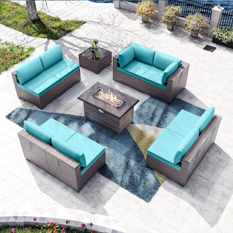 Kullavik 10 Pieces Outdoor Patio Furniture Set with Fire Pit Table - Turquoise
