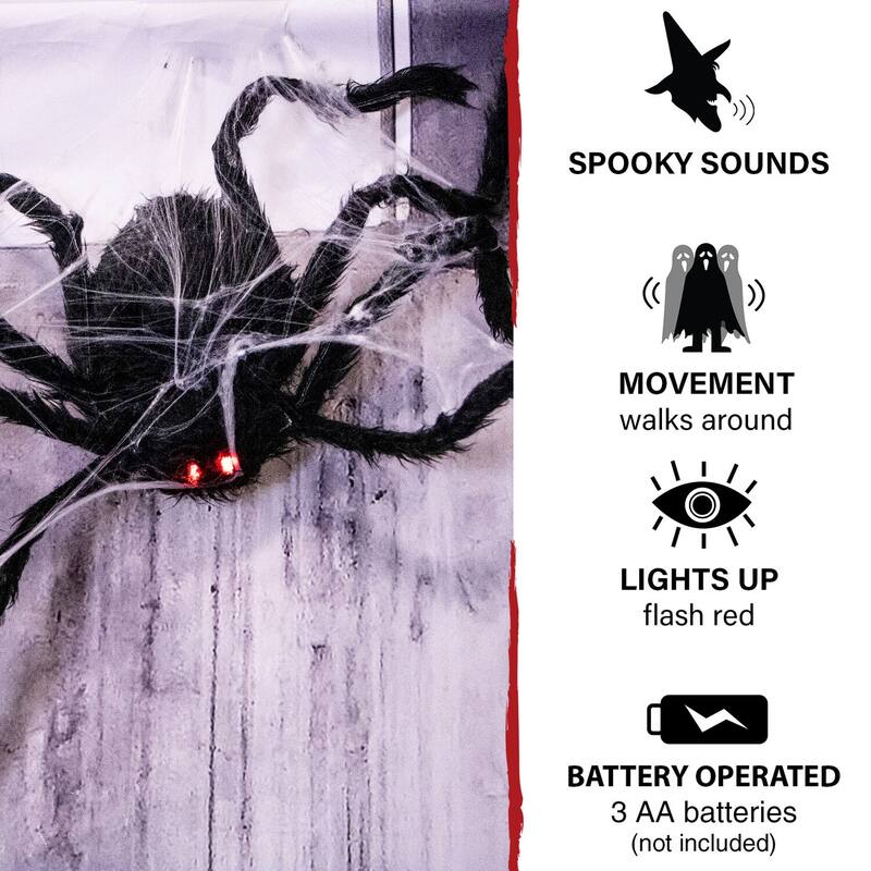 Haunted Hill Farm 2.5-ft. Spider with Web, Indoor/Covered Outdoor Halloween Decoration, LED Red Eyes, Poseable, Cobweb