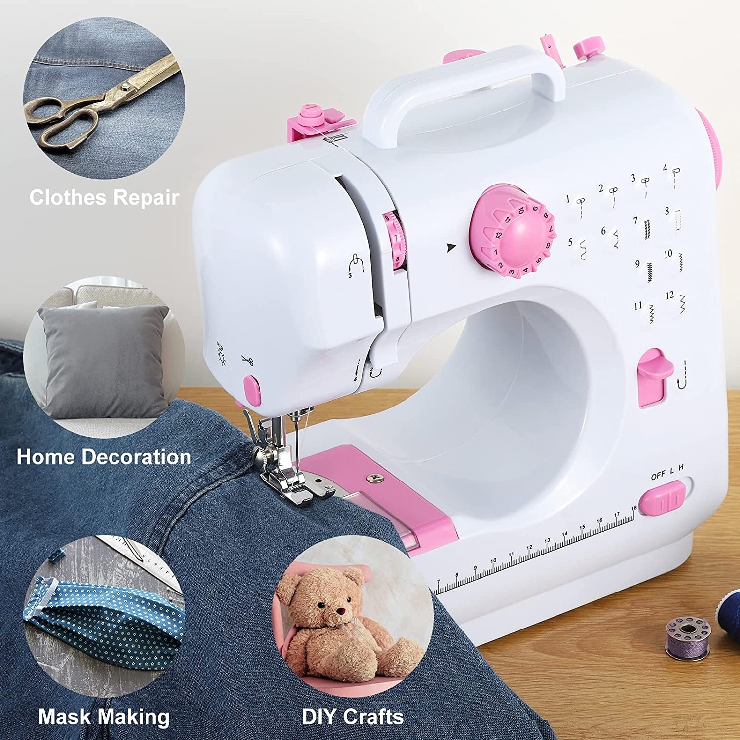 Kids Sewing Machine with 12 Built-In Stitches, Foot Pedal - On