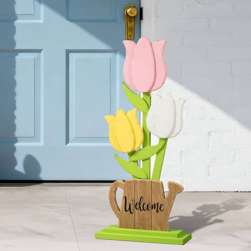 Glitzhome 30"H Easter Wooden Tulip Porch Decor Standing Signs for Front Door