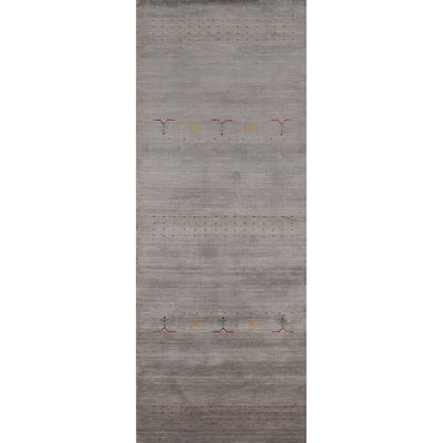 Gray Gabbeh Oriental Runner Rug Hand-Knotted Wool Carpet - 2'9"x 9'7"