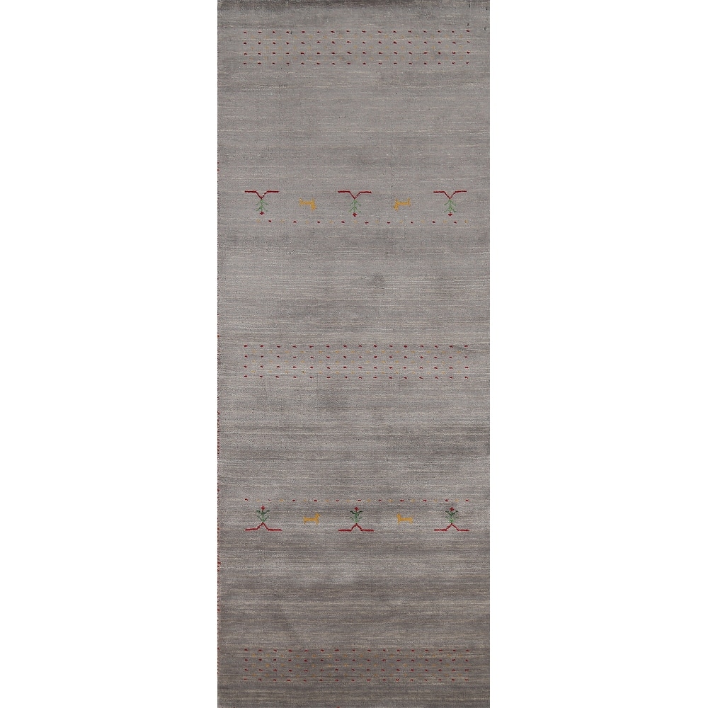Gray Gabbeh Oriental Runner Rug Hand-Knotted Wool Carpet - 2'9"x 9'7"