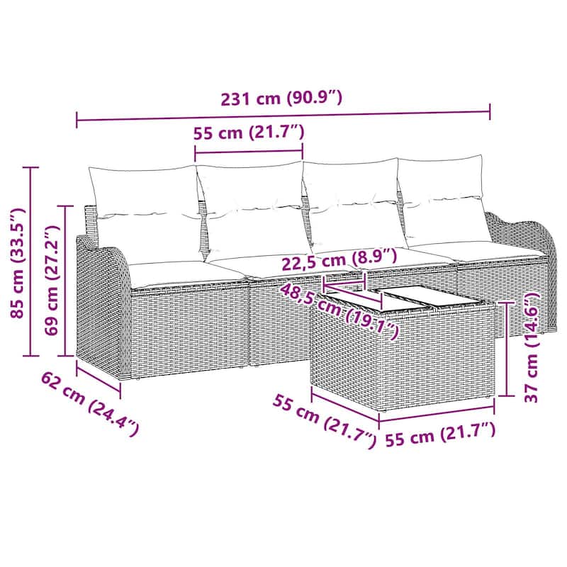 vidaXL 5 Garden Sofa Set with Cushions Black/Brown/Grey Poly Rattan - 90.9 x 24.4 x 27.2