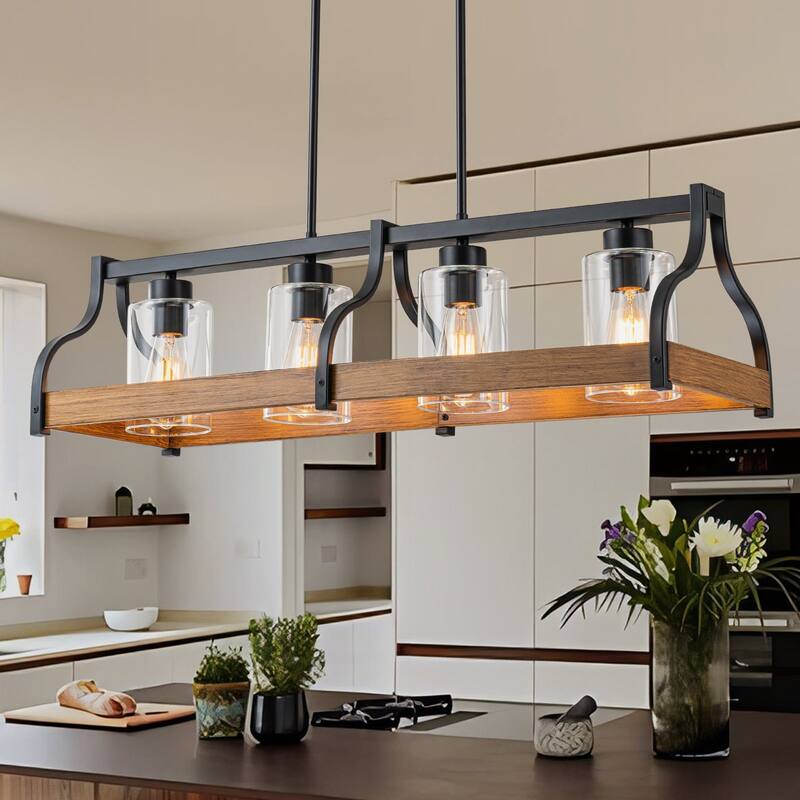 Starsky 4-Light Modern Farmhouse Black Chandelier Wooden Linear Kitchen Island Light