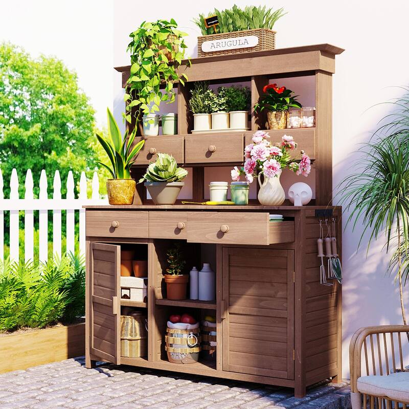 65.7'' Tall Garden Potting Bench - Patio Workstation with Hutch, 3 Shelves, 6 Drawers, 2 Cabinets & Side Hooks - Brown