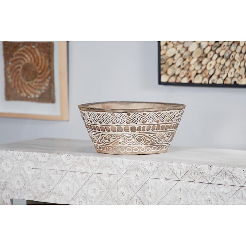 Large Round Decorative Hand-Carved Brown & White Wood Bowl w/ Tribal Design 15.5 x 7 - 16 x 16 x 7Round