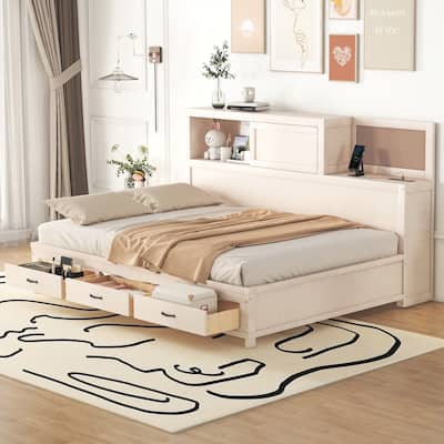 Wooden Daybed with Three Storage Drawers, Soft Board, and USB Ports