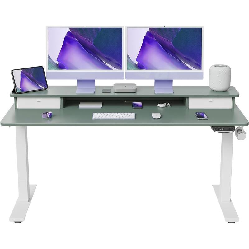 FEZIBO Height Adjustable Electric Standing Desk with Double Drawer, Stand Up Desk with Storage Shelf, Sit Stand Desk