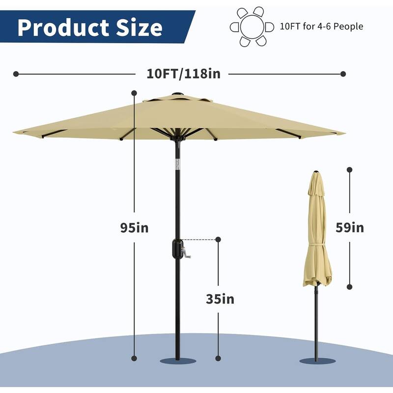 10Ft Patio Umbrella - 8 Sturdy Ribs Outdoor Table Umbrella with Crank Lift & Push Button Tilt