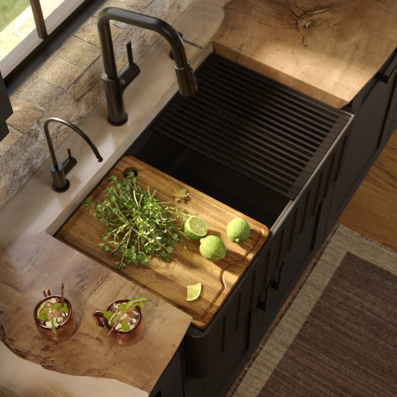 Karran 30" Single Bowl Workstation Fireclay Kitchen Sink with Reversible Fluted Apron Front