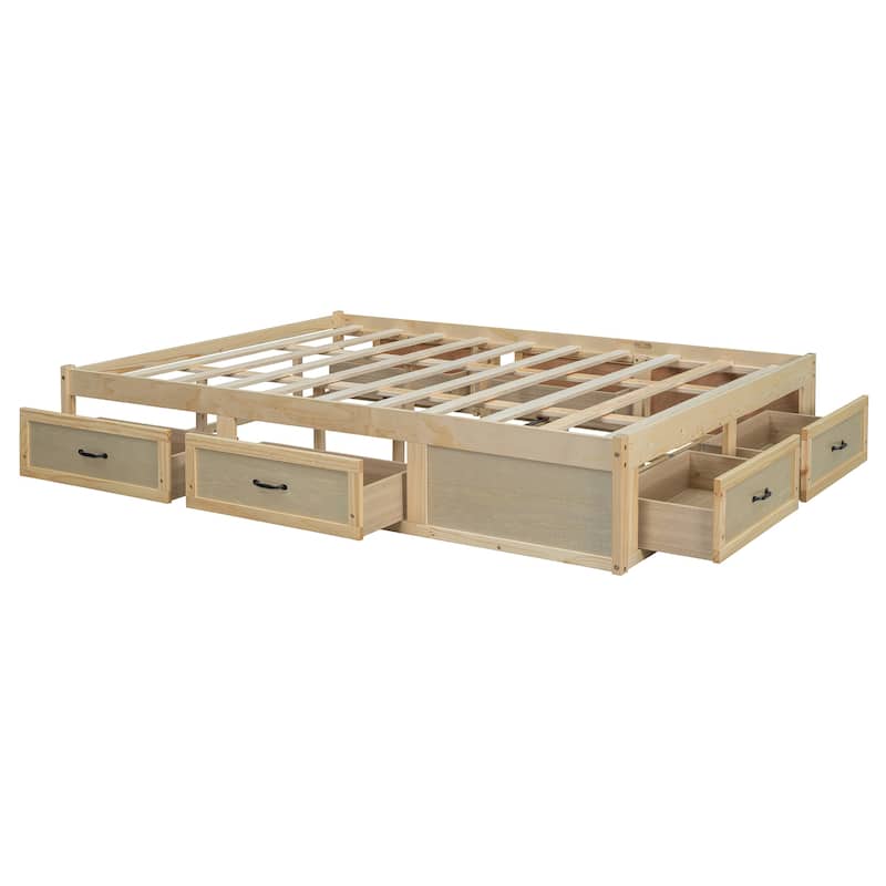 Roomfitters Queen Size Platform Bed with 6 Storage Compartments, Modern Wood Frame, Space-Saving Design