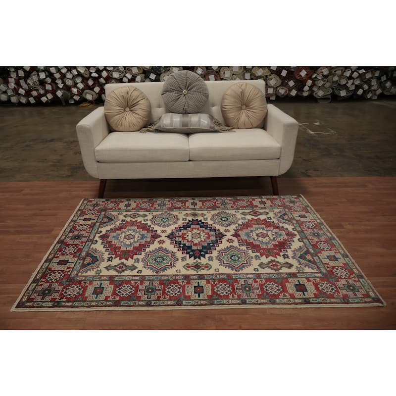 Hand Knotted Oriental 100% Wool Carpet Traditional Geometric Beige & Ivories Kazak Area Rug - 5' 11'' X 4' 1''