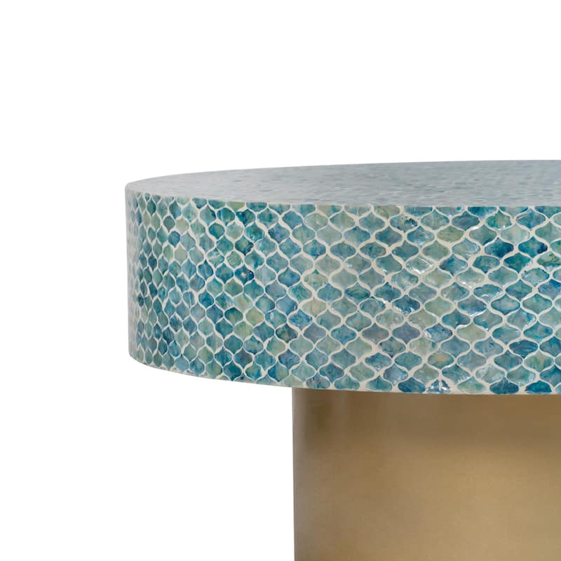 Piki 35 Inch Coffee Table, Round, Mughal Capiz Inlaid Pattern, Blue, Gold