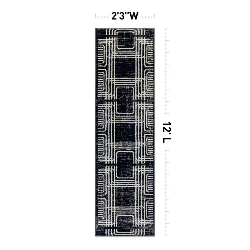 Bohemian Lines Black Ivory Gray Durable Area Rug Pet Friendly, Perfect for Entryway, Living Room, and Bedroom