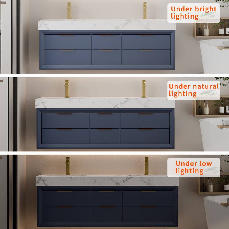 60" Wall-Mount Double Vanity with LED Light. - 60 inch