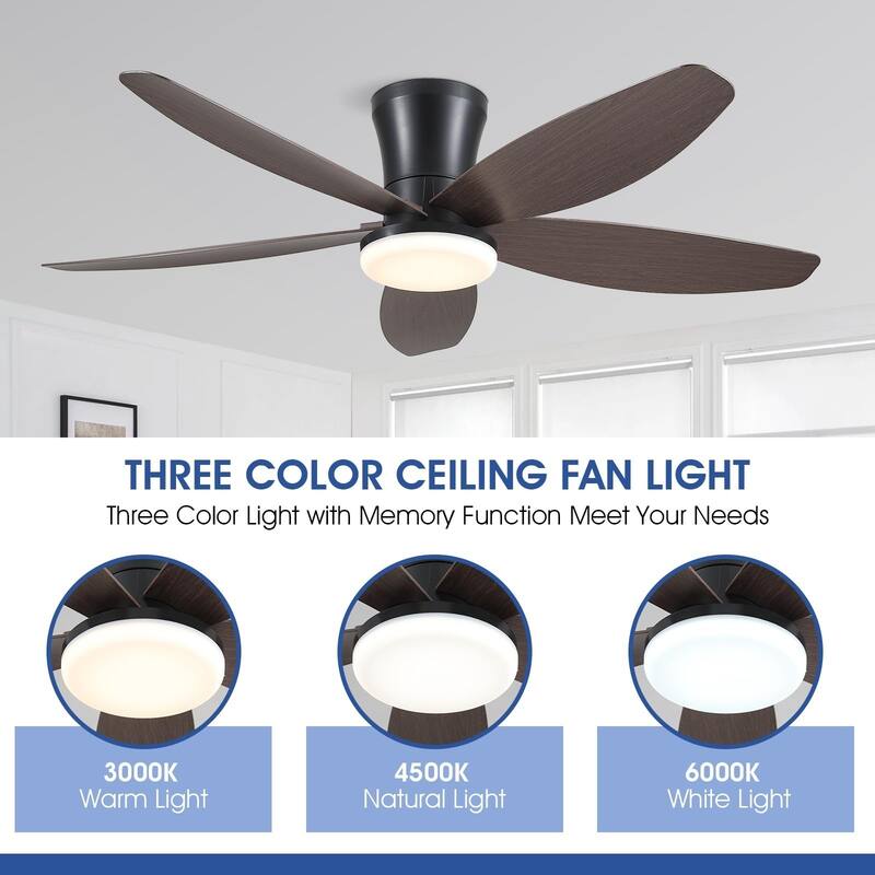 36"/42"/48" Low Profile Ceiling Fan with ABS Blades 3 Color LED Flush Mount for Bedroom Living Room APP and Remote Control