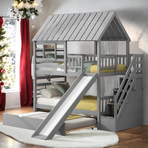 slide 2 of 19, Twin over Twin House Bunk Bed with Trundle and Slide, Storage Staircase, Roof and Window Design, Solid Construction, Gray Grey
