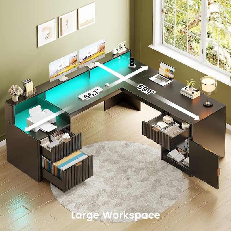 66" L Shaped Desk Drawers Home Office Desk File Cabinet Executive Desk