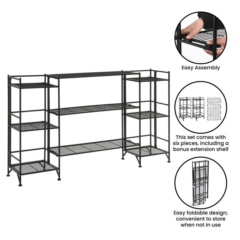 Xtra Storage 3 Tier Folding Metal Shelves with Set of 3 Deluxe Extension Shelves