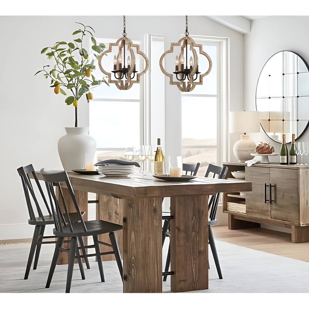 4 - Light Oil Bronzed Lantern Pendant, Wood Antique Medieval Style Geometric Chandelier - Oil Bronzed