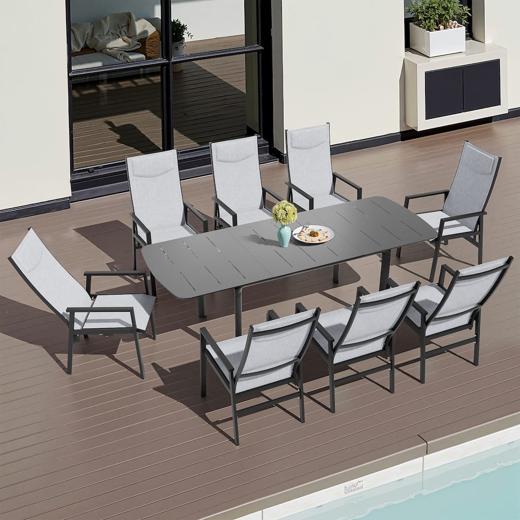 9-PC Outdoor Patio Aluminum Dining Sets Rectangular Expandable Table with Adjustable Dining Chairs