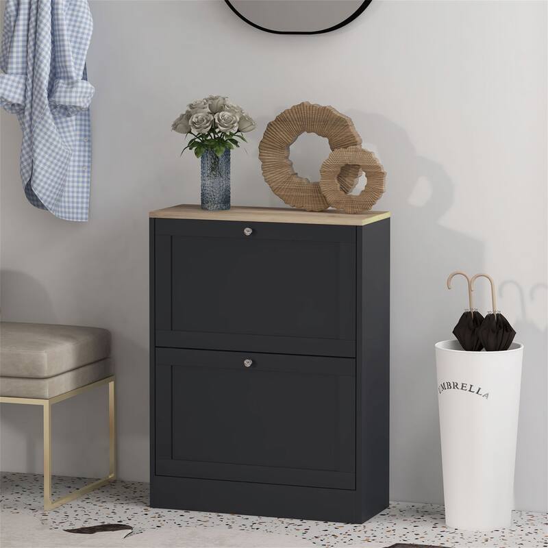 Wood Slim Shoe Cabinet with 2 Flip Drawers and Adjustable Shelves