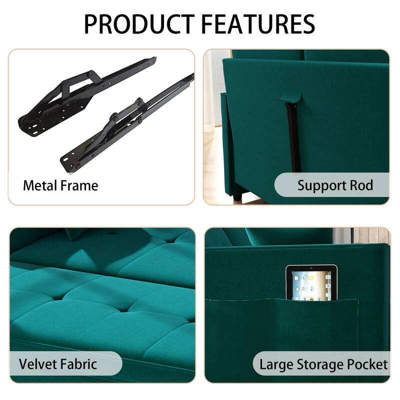 3 in 1 Convertible Sleeper Sofa Bed, Futon Couches for Living Room with Side Pocket, Adjustable Backrest