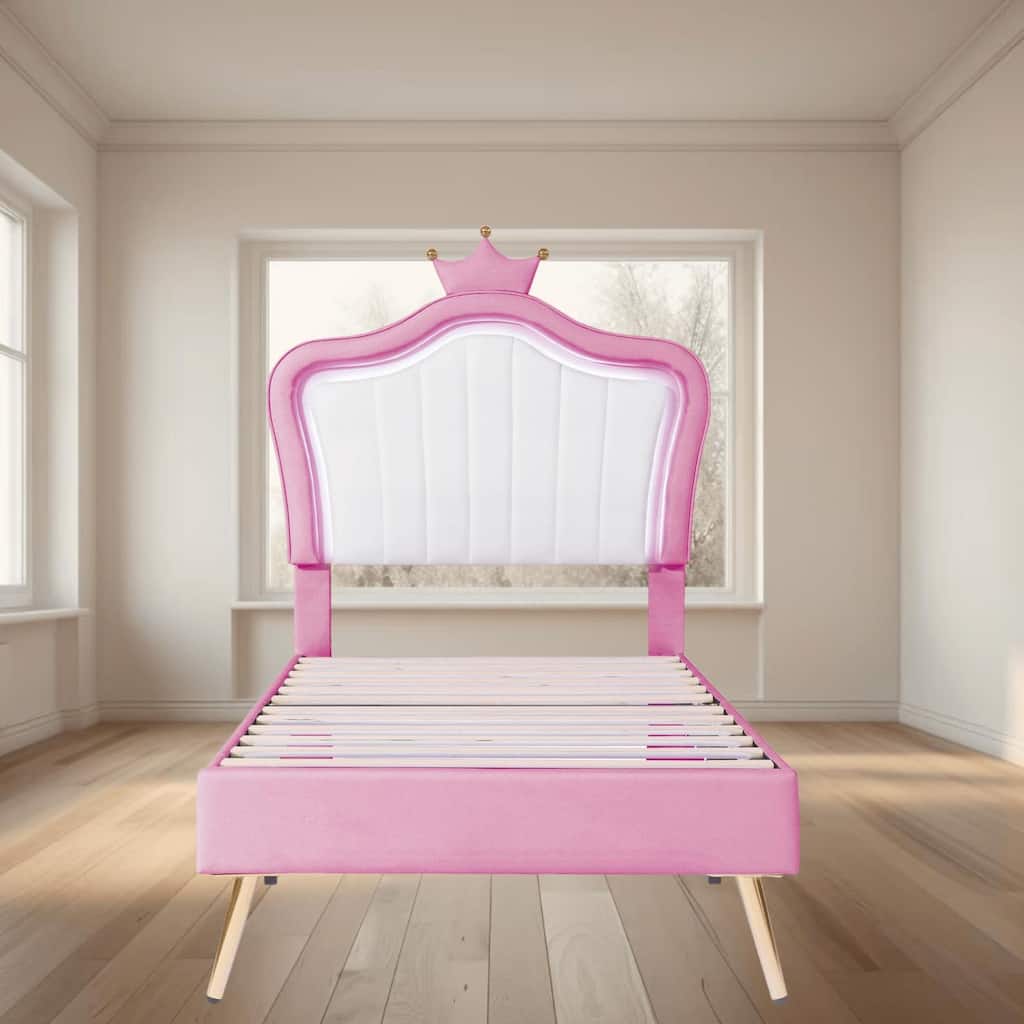 Twin Size Upholstered Platform Bed Frame with Crown Headboard and LED Lights, A Princess Dream for Kids, Bedroom Furniture