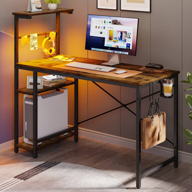 Bestier 44 in. Rectangular Gaming Desk with 4 Tier Storage Shelves Computer Desk with RGB LED Lights - Brown