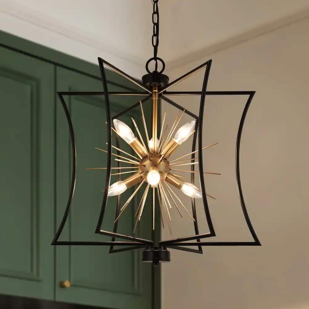 Modern Farmhouse 6-Light Black Gold Sputnik Chandelier Metal Cage Pendant Lighting for Dining Room - 20.5" D x 21.5'' H