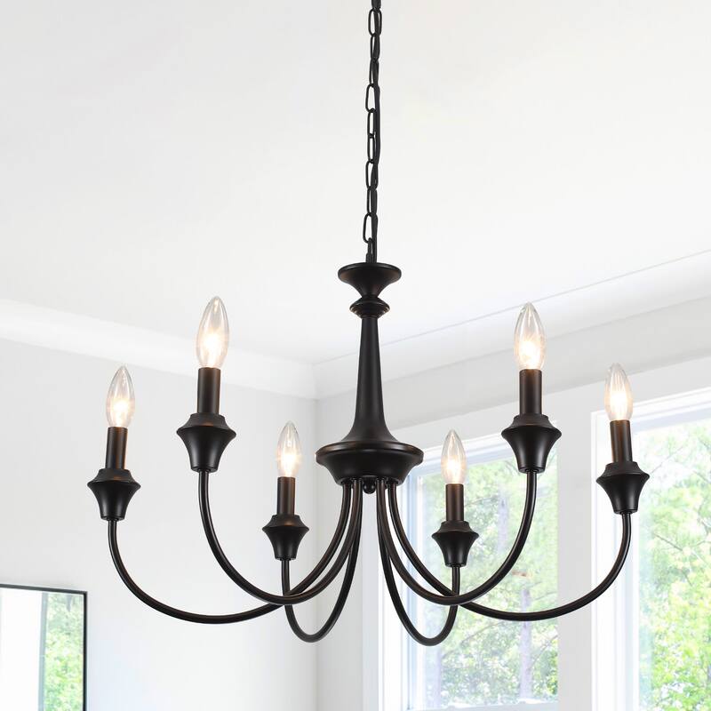 6-Light Modern Chandelier , Farmhouse Candle Chandelier for Dining Room Living Room Bedroom Kitchen - W24.4"x H15.55" - Black
