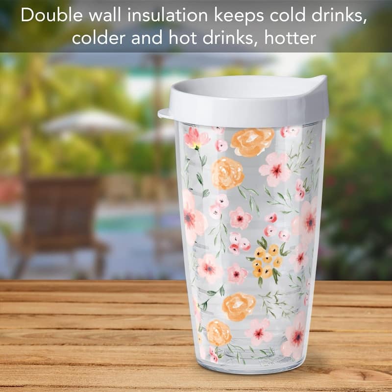 Pink Floral Double Wall Insulated Unbreakable Plastic Tumbler with Lid Holds 16 Ounces BPA Free Microwave Safe Dishwasher Safe
