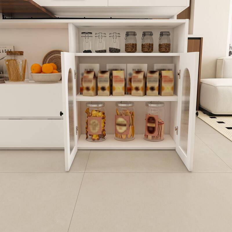 Kitchen Island with Extendable Rotating Table, 4 Drawers, Glass Doors & Built-in Socket