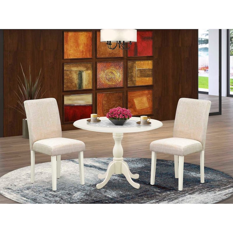 Tuscan 3 Piece Dining Set - Linen Fabric Chairs & Wood Table - Light Beige & Linen White Finish