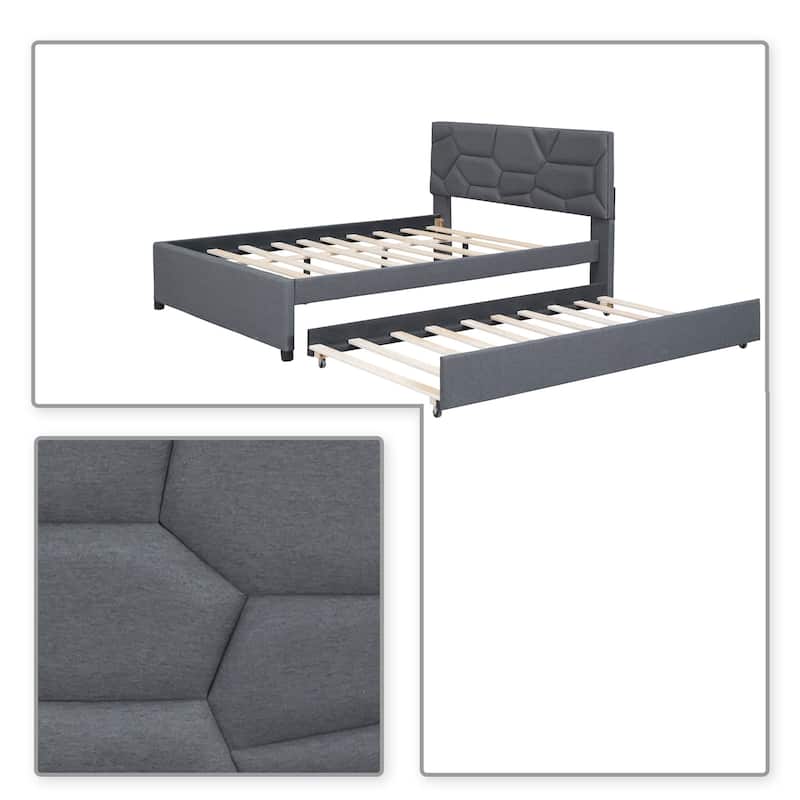 Modern Stylish Linen Fabric Upholstered Platform Bed with Trundle Bed