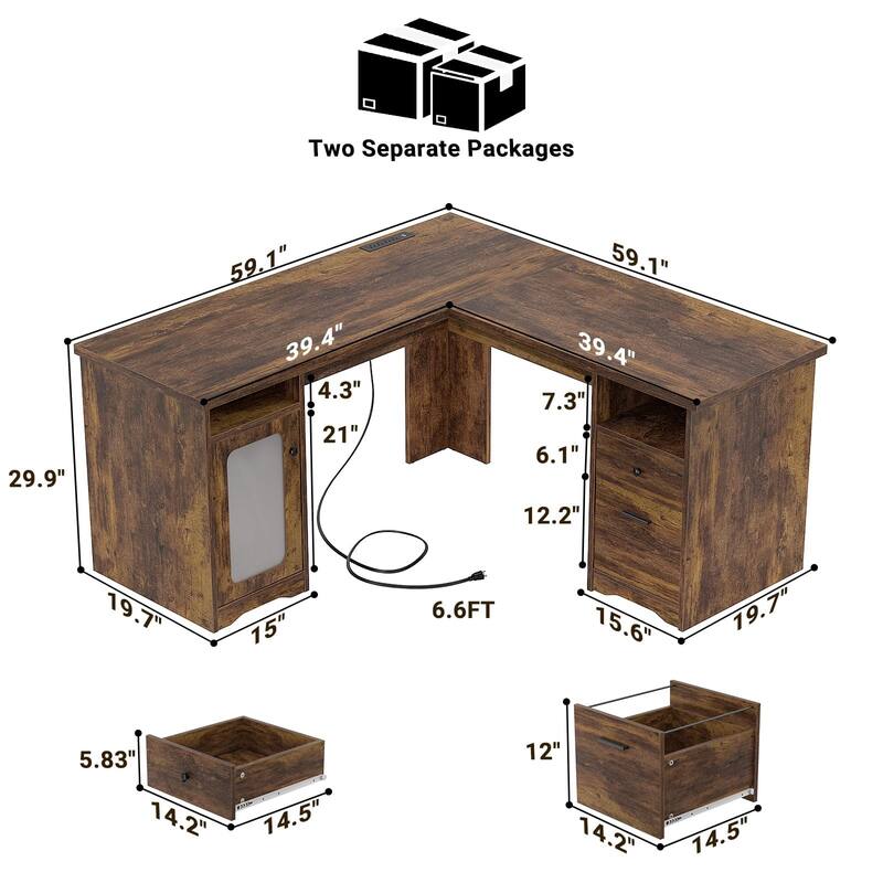 Modern Farmhouse L-Shape Desk with File Cabinet and Drawers, Homer Office Executive Desk with Charge Station