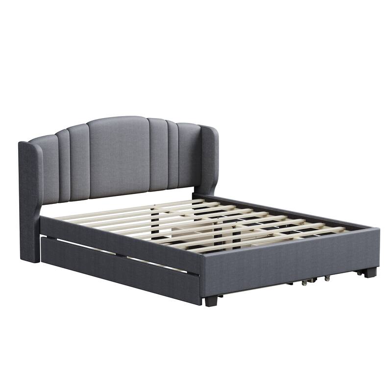 Queen Size Upholstered Bed Frame with Wingback Headboard Trundle and 2 Drawers, Center Support Legs Platform Bed Frame