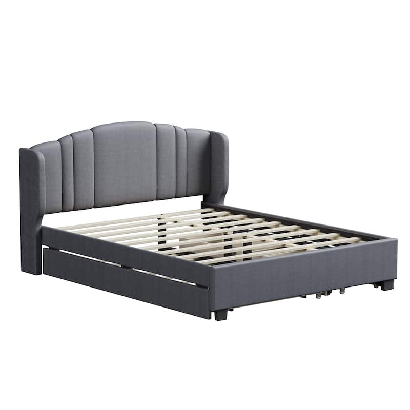 Upholstered Platform Bed with Wingback Headboard - Gray