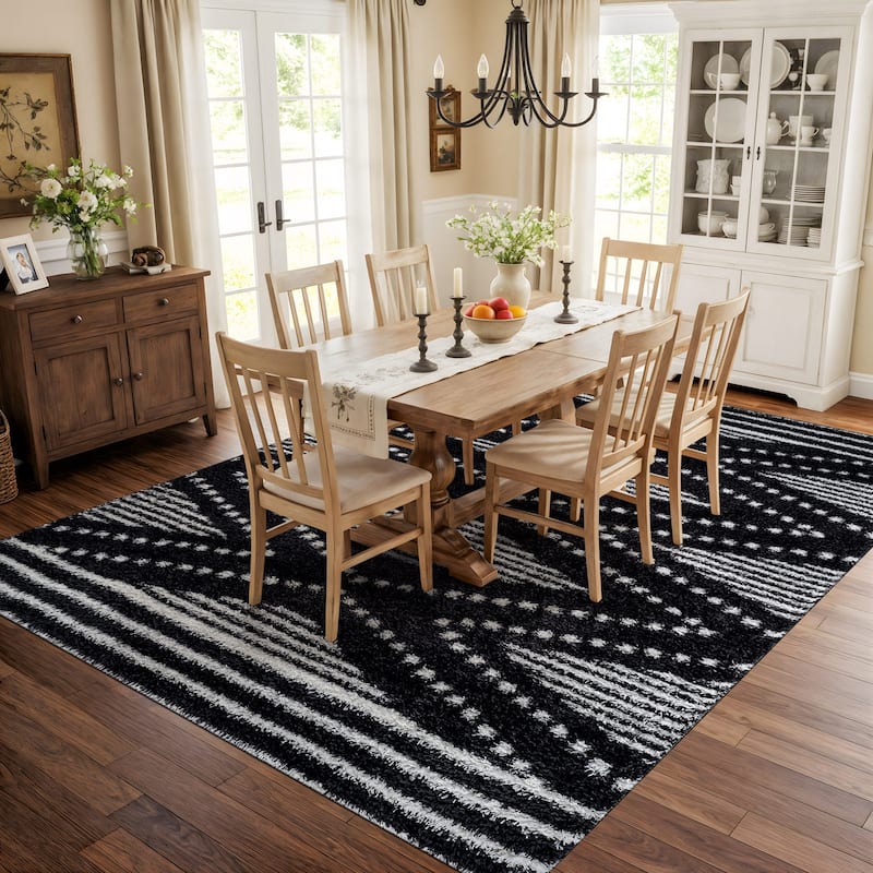 Geometric Shag Area Rug - Durable for Living Room, Bedroom - Polyester with Jute Backing - Anthracite Dark Gray and White