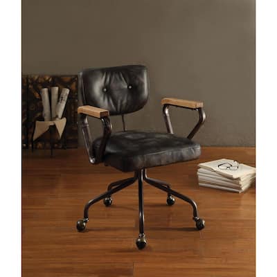 Vintage Black Leather Executive Office Chair with Button Tufted Back, Swivel Base and Rolling Casters
