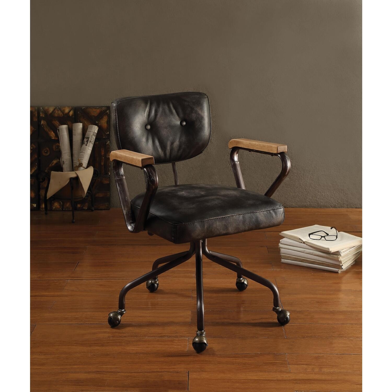 Vintage Black Leather Executive Office Chair with Button Tufted Back, Swivel Base and Rolling Casters