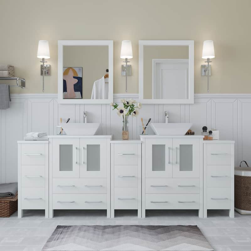 Vanity Art 84-Inch Double Sink Bathroom Vanity Set with Engineered Marble Top and Free Mirror - 84 W X 18.5 D X 31.1 H - White