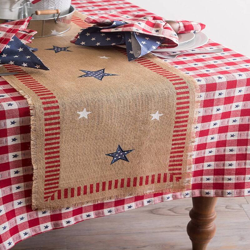 Embroidered Stars and Stripes Americana Burlap Table Runner - 74" - Beige and Red