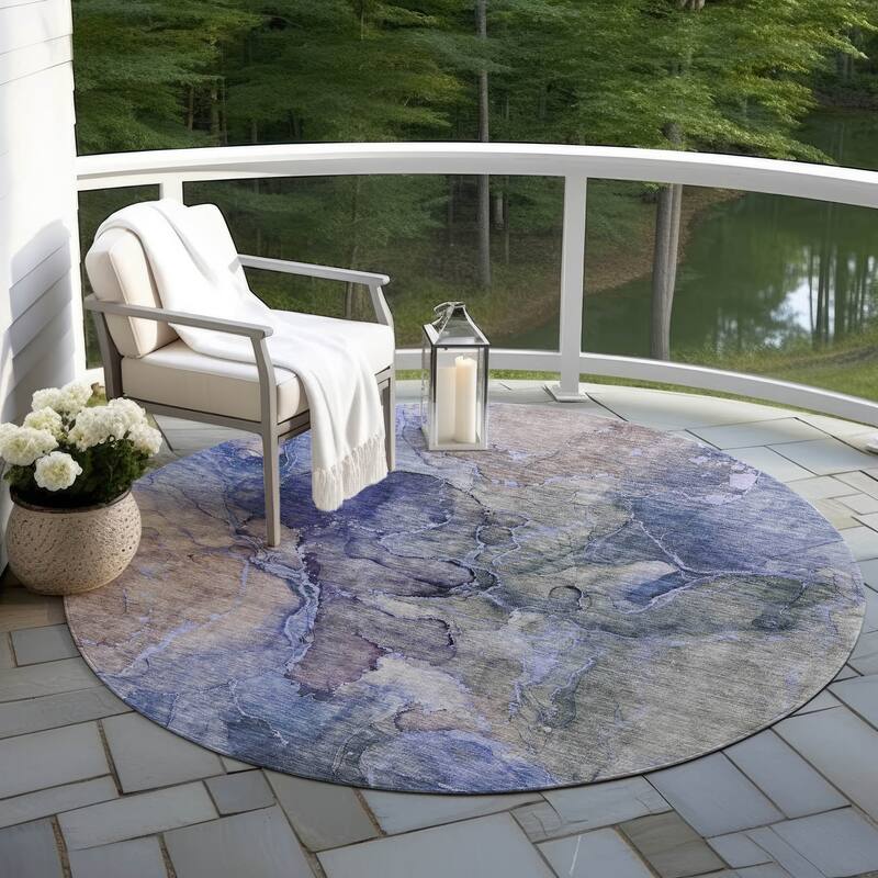 Machine Washable Indoor/ Outdoor Chantille Abstract Modern Rug - Blue - 8' x 8'