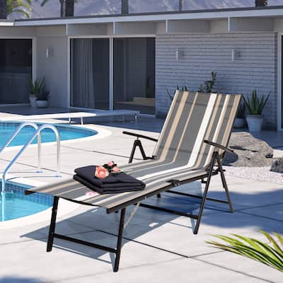 Outdoor Folding Chaise Lounge with 7-Position Adjustable Backrest and Armrests, Taupe Stripes - N/A