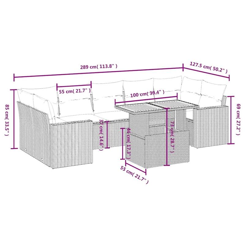 vidaXL Patio Sofa Set with Cushions Modular Outdoor Seating 8 Piece Poly Rattan - 21.7 x 39.4 x 28.7