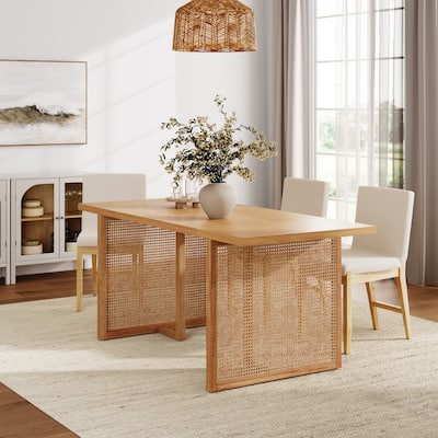 Willow Boho Dining Table for 6 with Solid Wood Legs, Dining Table with Bohemian Rattan Accent