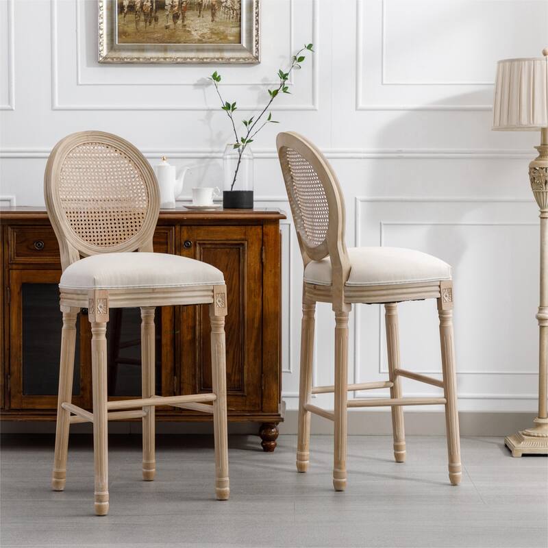 Wooden Barstools Rattan Back Set of 2
